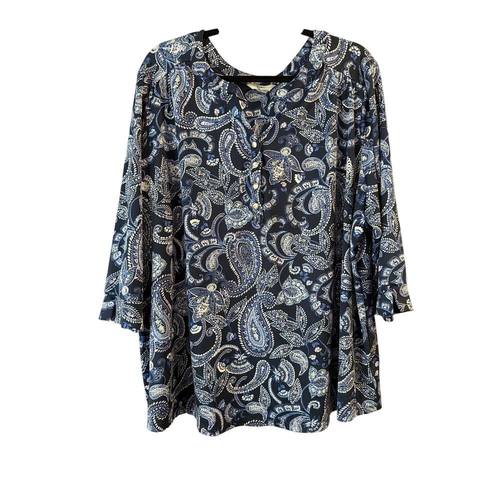 Croft & Barrow Women's Plus Size Blue & White Paisley 3/4 Sleeve Blouse Size 3X